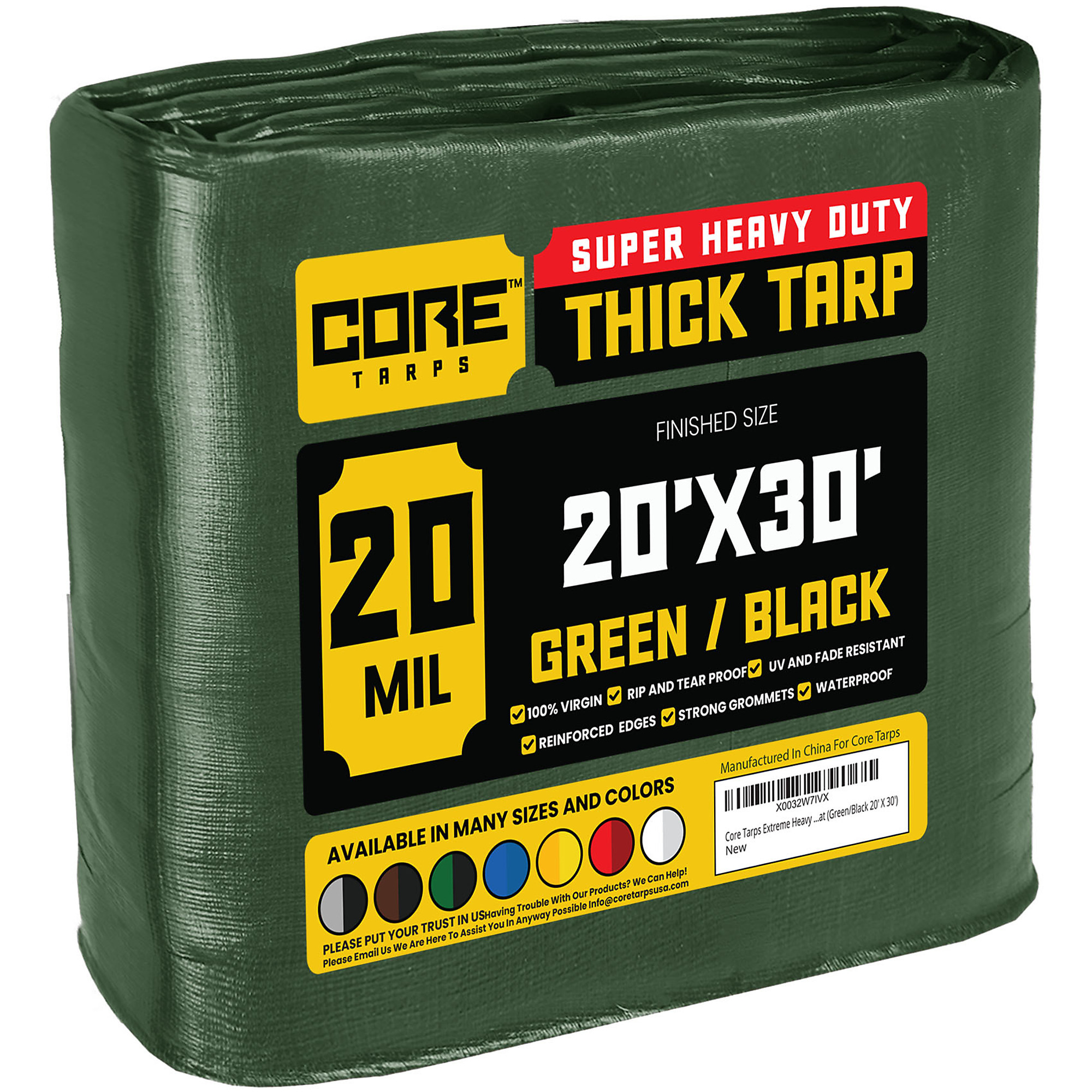Core Tarps Extreme Heavy Duty Tarp Cover — 20ft. x 30ft., 20 Mil, Waterproof, UV Resistant, Rip and Tear Proof, Poly Tarpaulin, Reinforced Edges, Green/Black, Model# CT-703-20X30